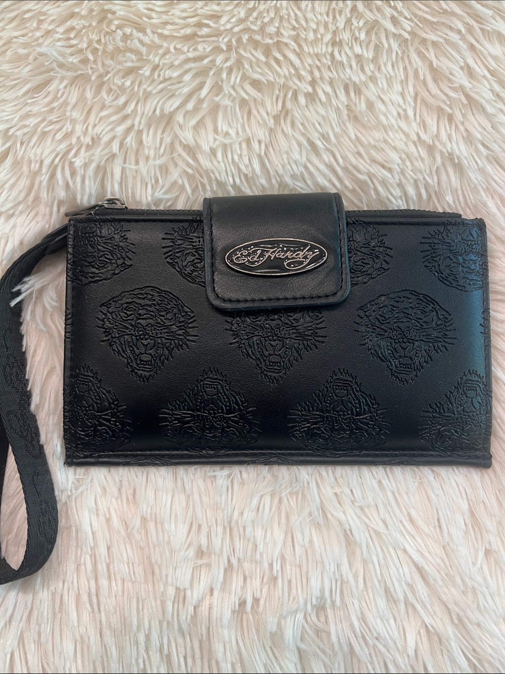Ed Hardy Black Embossed Tiger-Head Wristlet